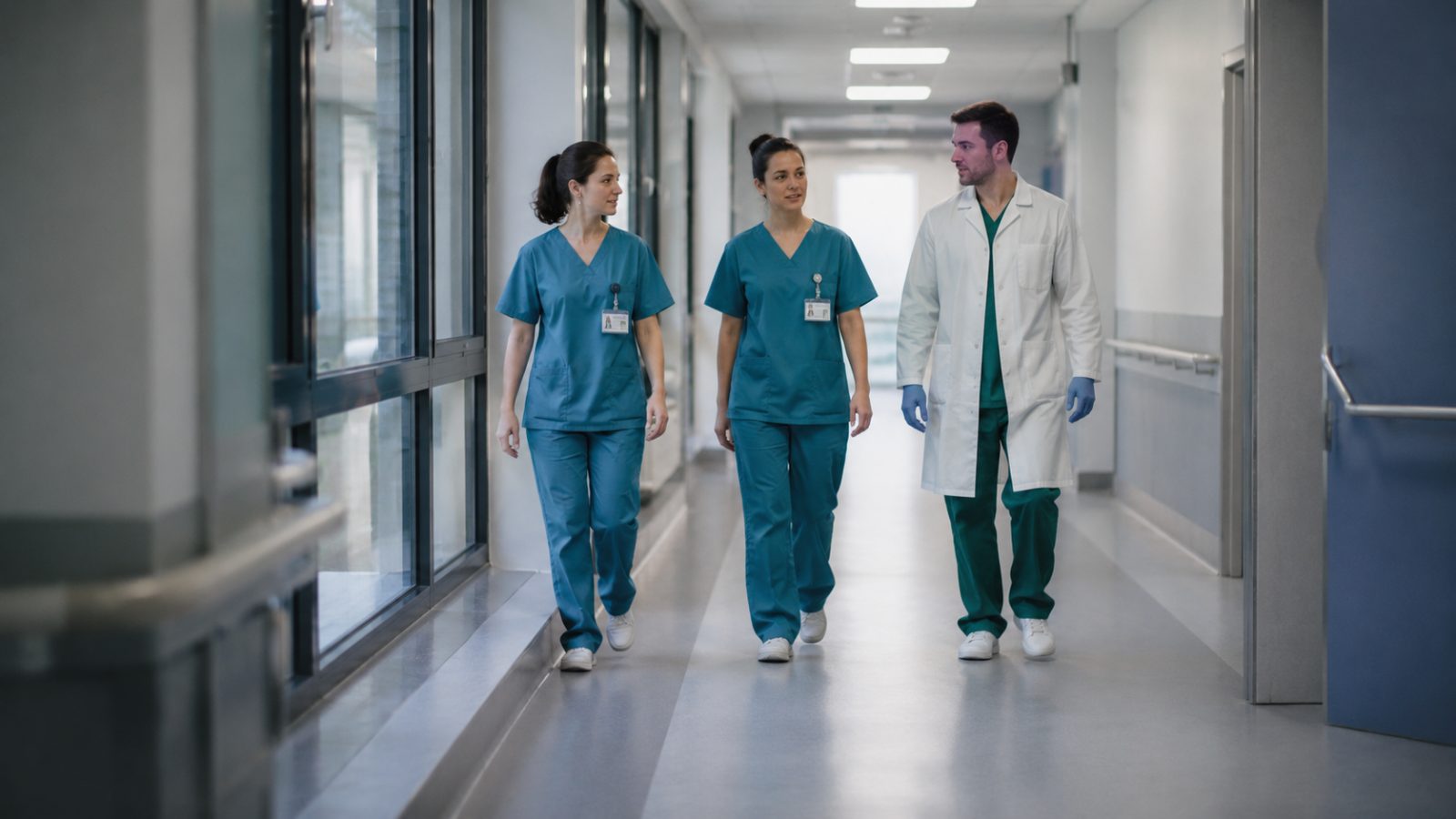 Clinical staff on shift in a hospital corridor